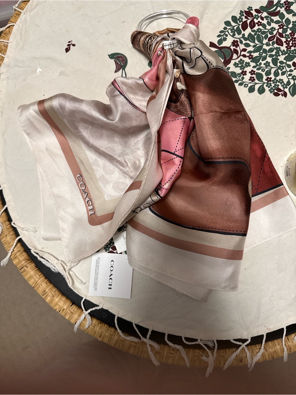 COACH Multi-Color Quilted Bag Print Scarf - Red, Pink, Tan, Brown, Cream - Picture 6 of 8